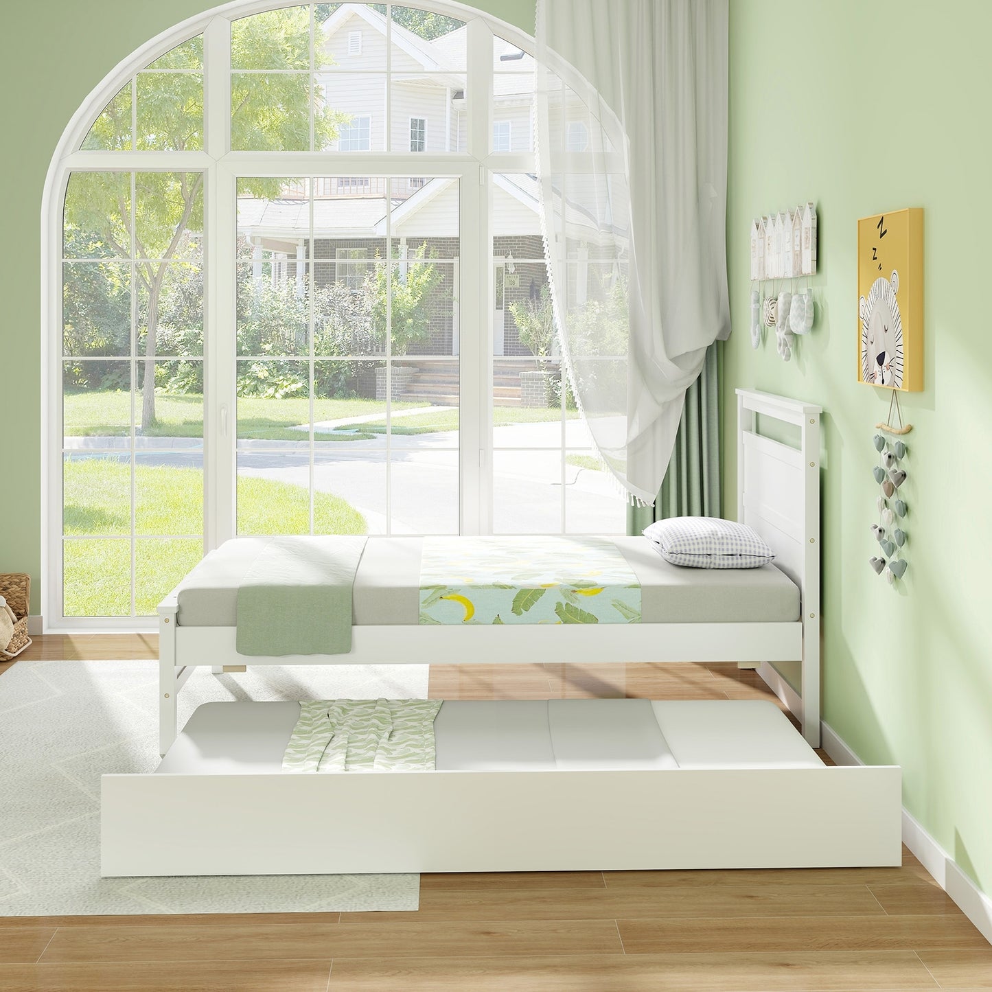 Twin Wooden Platform Bed with Pull-Out Trundle and Headboard, White Finish