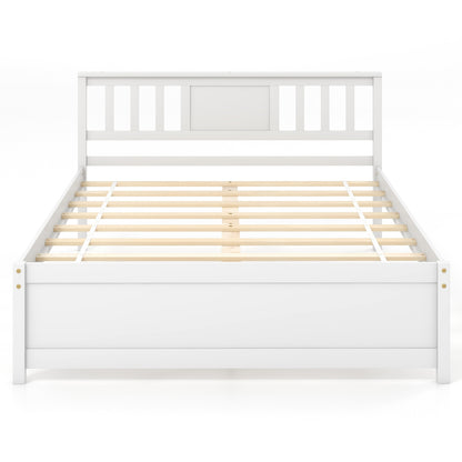 White Wooden Platform Bed Frame with Headboard and Slat Support, Full Size