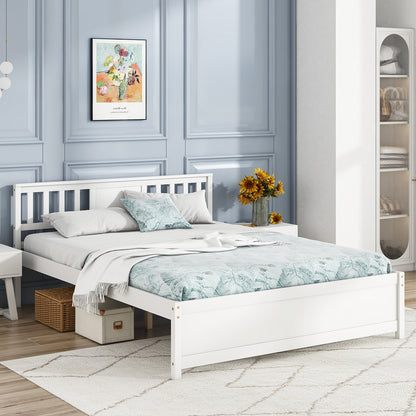 White Wooden Platform Bed Frame with Headboard and Slat Support, Queen Size