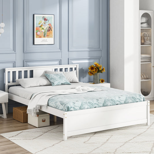 White Wooden Platform Bed Frame with Headboard and Slat Support, Queen Size