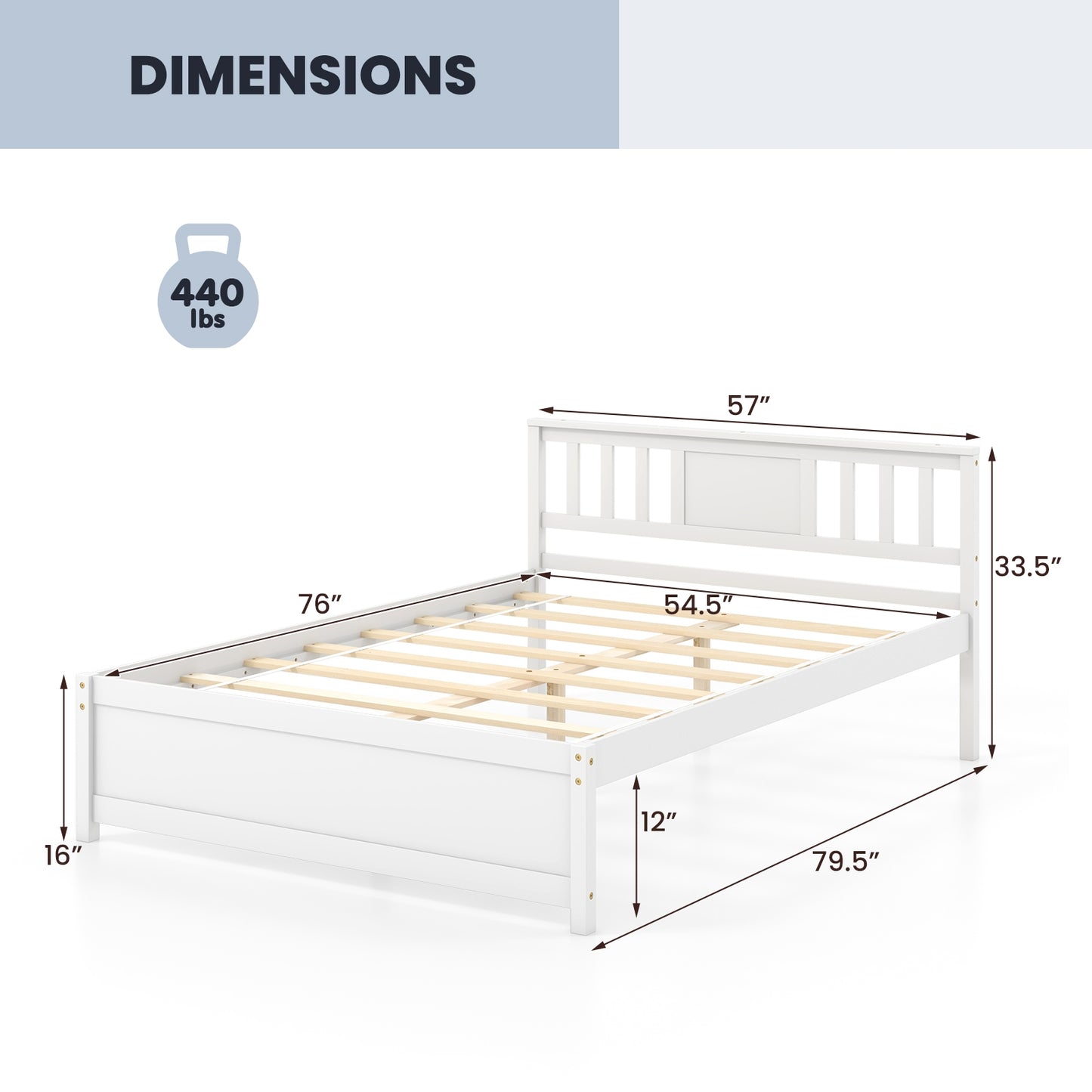 White Wooden Platform Bed Frame with Headboard and Slat Support, Full Size