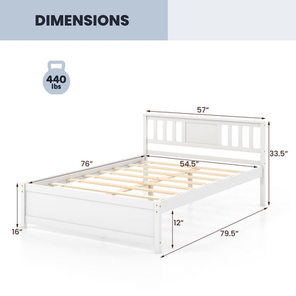 White Wooden Platform Bed Frame with Headboard and Slat Support, Full Size