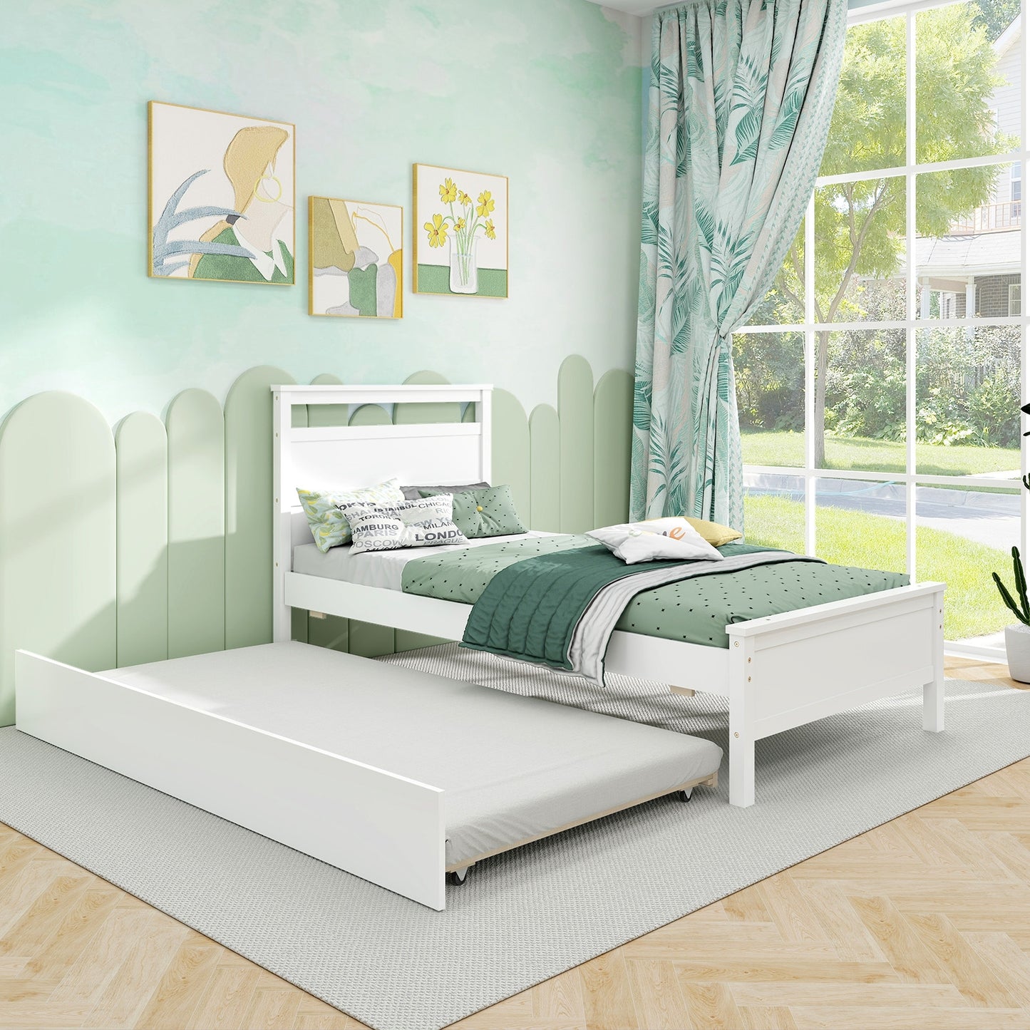 Twin Wooden Platform Bed with Pull-Out Trundle and Headboard, White Finish