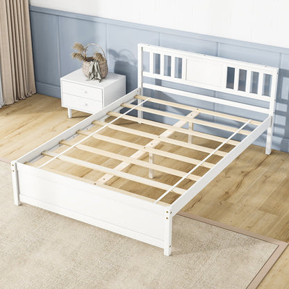 White Wooden Platform Bed Frame with Headboard and Slat Support, Full Size