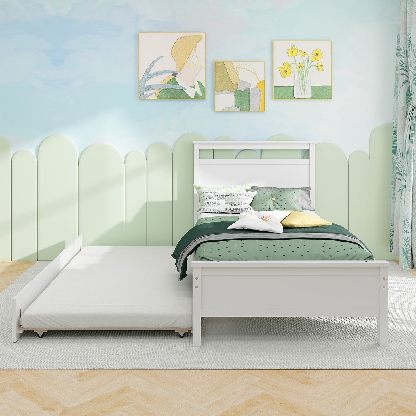 Twin Wooden Platform Bed with Pull-Out Trundle and Headboard, White Finish