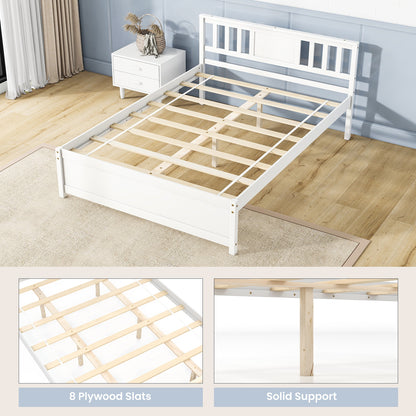 White Wooden Platform Bed Frame with Headboard and Slat Support, Full Size