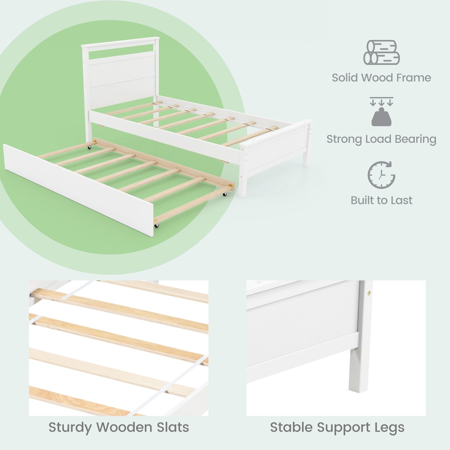 Twin Wooden Platform Bed with Pull-Out Trundle and Headboard, White Finish