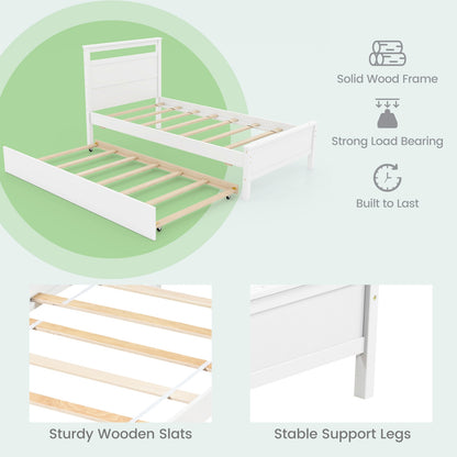 Twin Wooden Platform Bed with Pull-Out Trundle and Headboard, White Finish