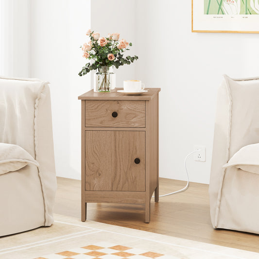 Nightstand with Flip-Top Power Station, USB Outlets, Drawer, and Storage Space – Natural