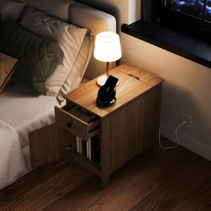 Nightstand with Flip-Top Power Station, USB Outlets, Drawer, and Storage Space – Natural