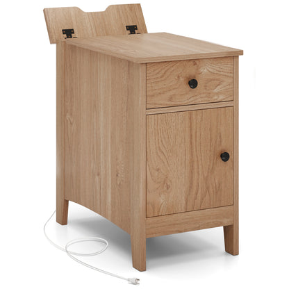 Nightstand with Flip-Top Power Station, USB Outlets, Drawer, and Storage Space – Natural