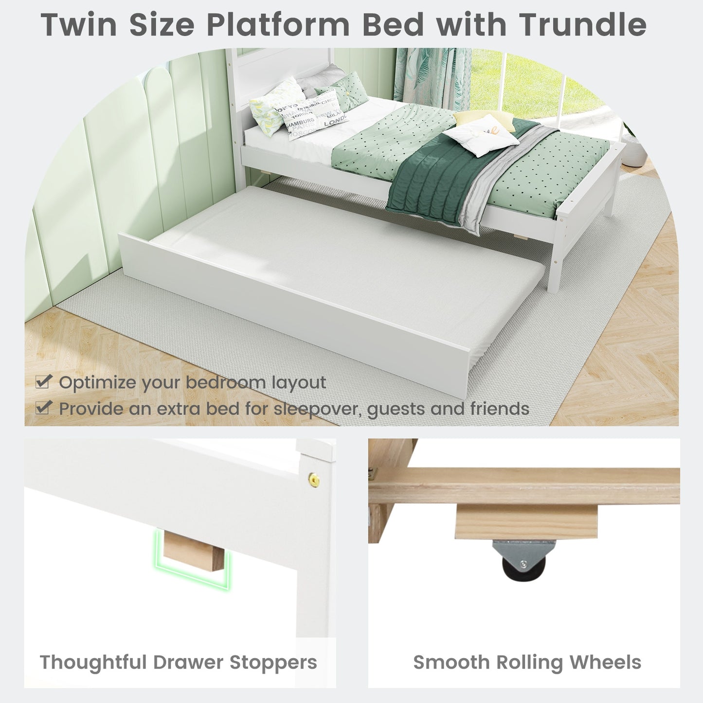Twin Wooden Platform Bed with Pull-Out Trundle and Headboard, White Finish