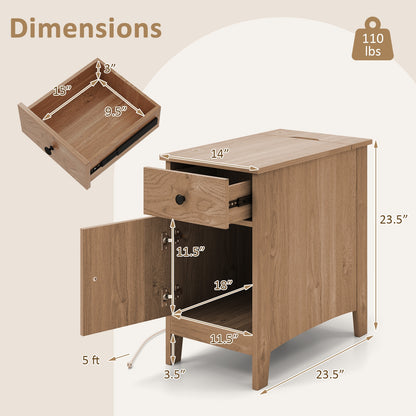 Nightstand with Flip-Top Power Station, USB Outlets, Drawer, and Storage Space – Natural
