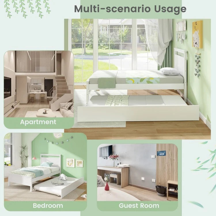 Twin Wooden Platform Bed with Pull-Out Trundle and Headboard, White Finish