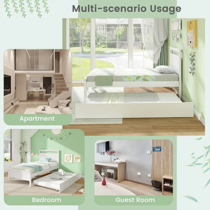 Twin Wooden Platform Bed with Pull-Out Trundle and Headboard, White Finish