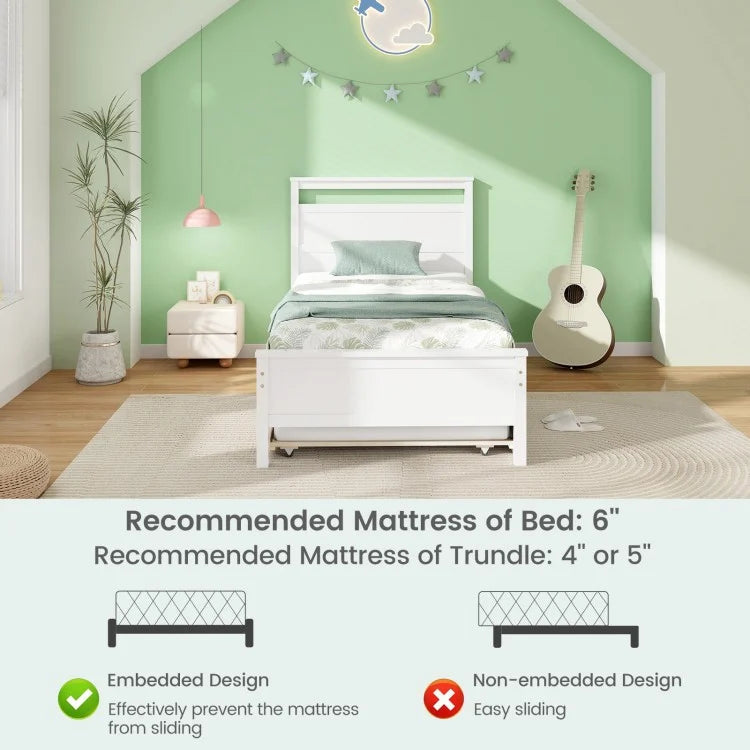 Twin Wooden Platform Bed with Pull-Out Trundle and Headboard, White Finish