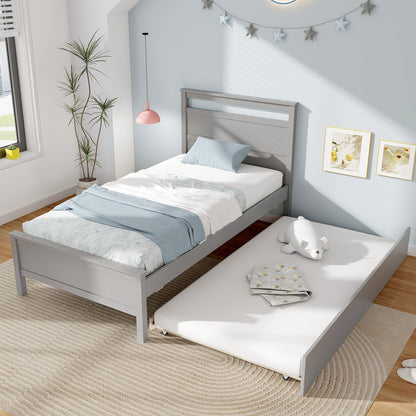 Twin Wooden Platform Bed with Pull-Out Trundle and Headboard, Grey Finish