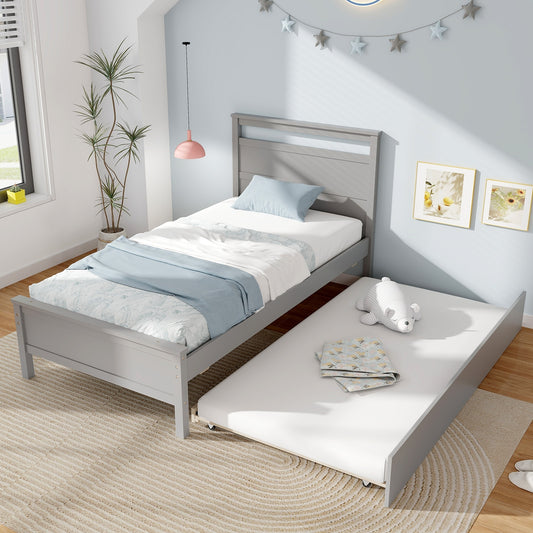 Twin Wooden Platform Bed with Pull-Out Trundle and Headboard, Grey Finish