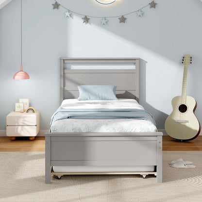Twin Wooden Platform Bed with Pull-Out Trundle and Headboard, Grey Finish