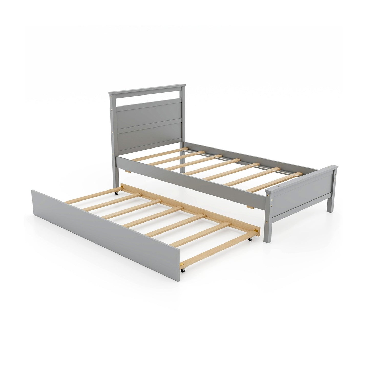 Twin Wooden Platform Bed with Pull-Out Trundle and Headboard, Grey Finish