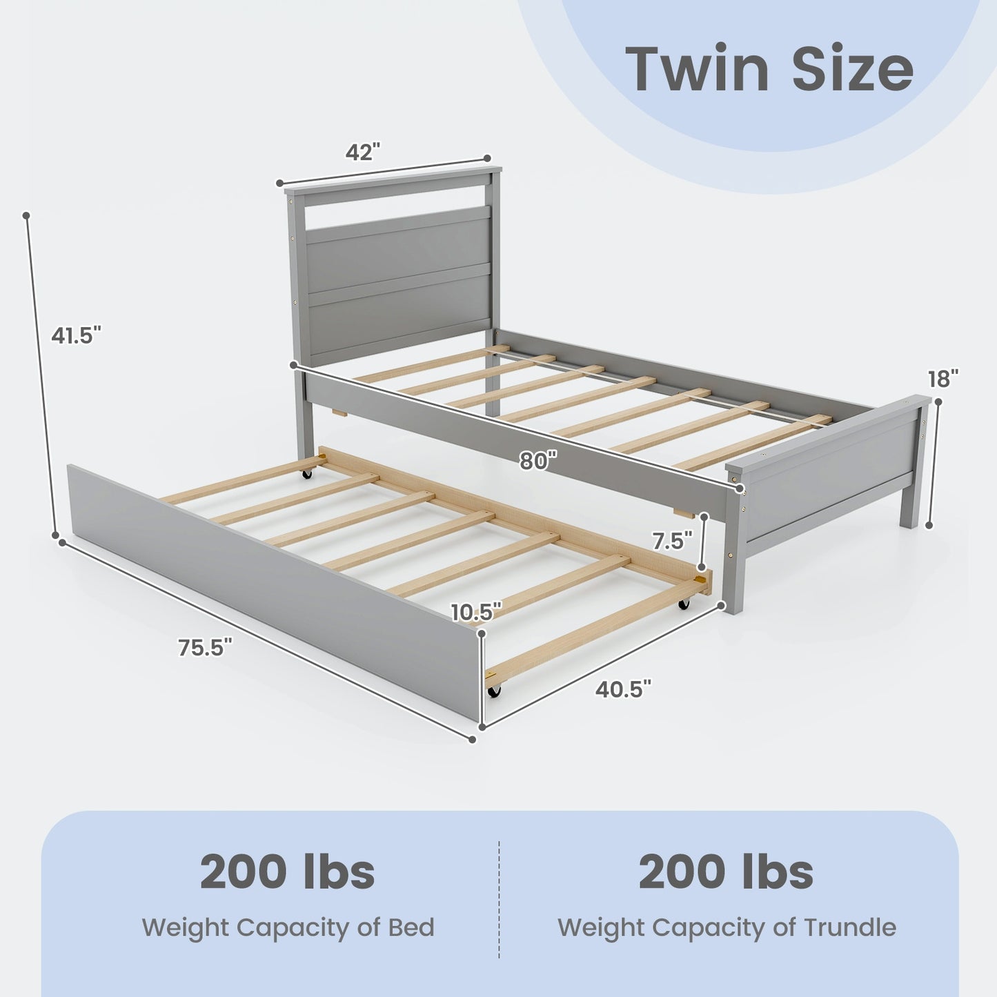 Twin Wooden Platform Bed with Pull-Out Trundle and Headboard, Grey Finish