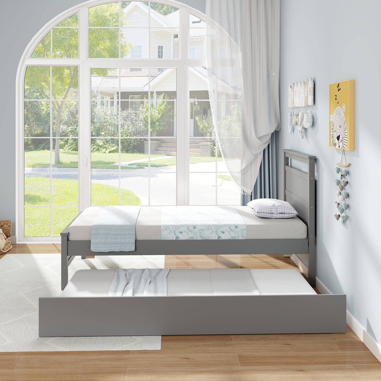 Twin Wooden Platform Bed with Pull-Out Trundle and Headboard, Grey Finish