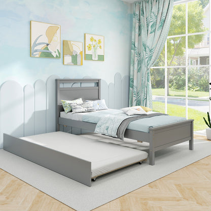 Twin Wooden Platform Bed with Pull-Out Trundle and Headboard, Grey Finish