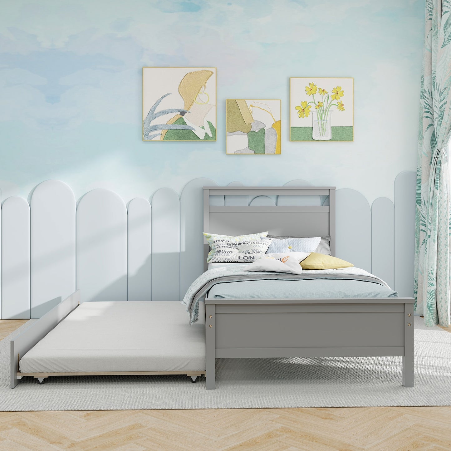 Twin Wooden Platform Bed with Pull-Out Trundle and Headboard, Grey Finish