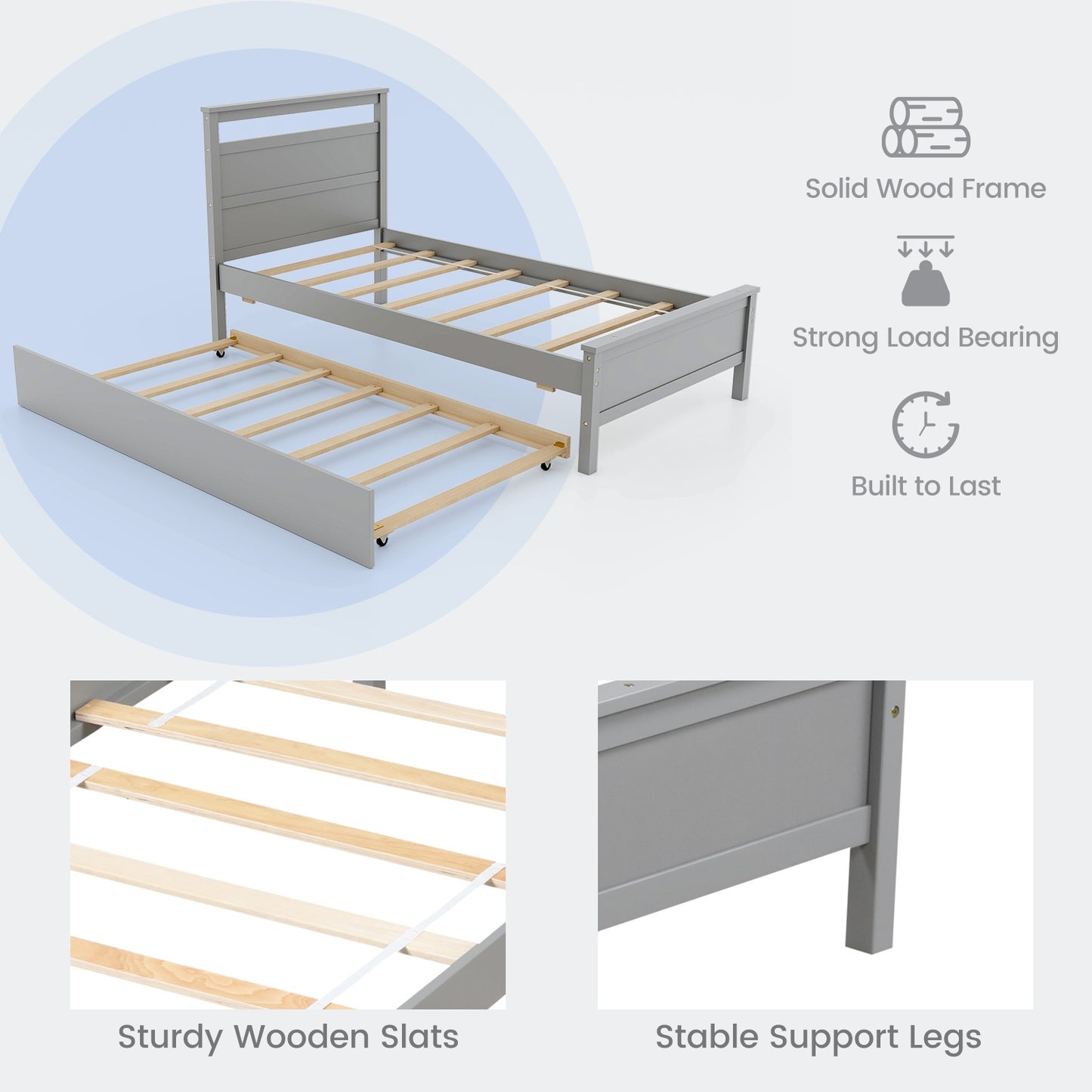 Twin Wooden Platform Bed with Pull-Out Trundle and Headboard, Grey Finish