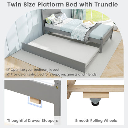 Twin Wooden Platform Bed with Pull-Out Trundle and Headboard, Grey Finish
