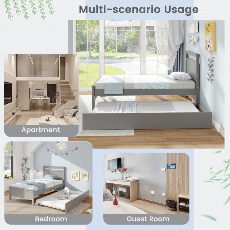 Twin Wooden Platform Bed with Pull-Out Trundle and Headboard, Grey Finish