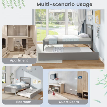 Twin Wooden Platform Bed with Pull-Out Trundle and Headboard, Grey Finish