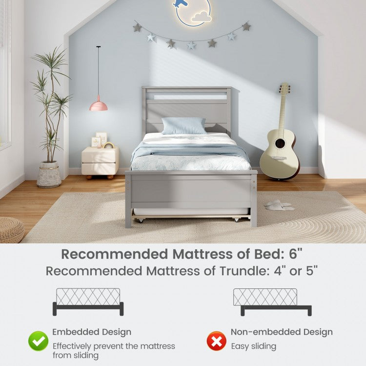 Twin Wooden Platform Bed with Pull-Out Trundle and Headboard, Grey Finish