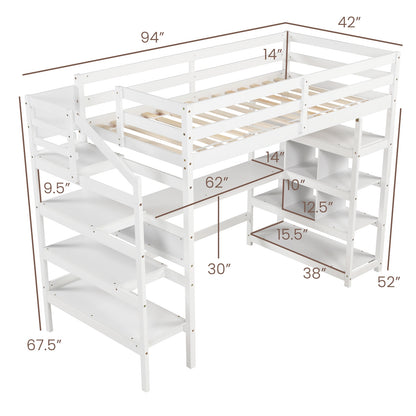 Multifunctional Twin Loft Bed with Desk, Storage Stairs, Shelves, and Safety Guardrails