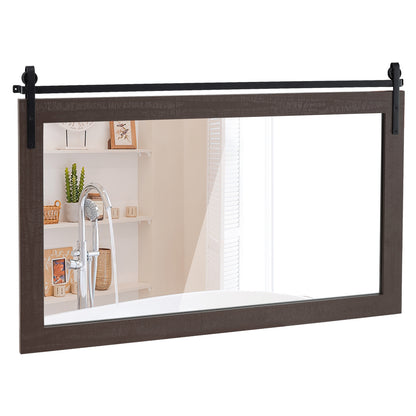 40 x 26 Inch Farmhouse Barn Door Style Wall Mirror with Solid Wood Frame and Metal Bracket - Walnut