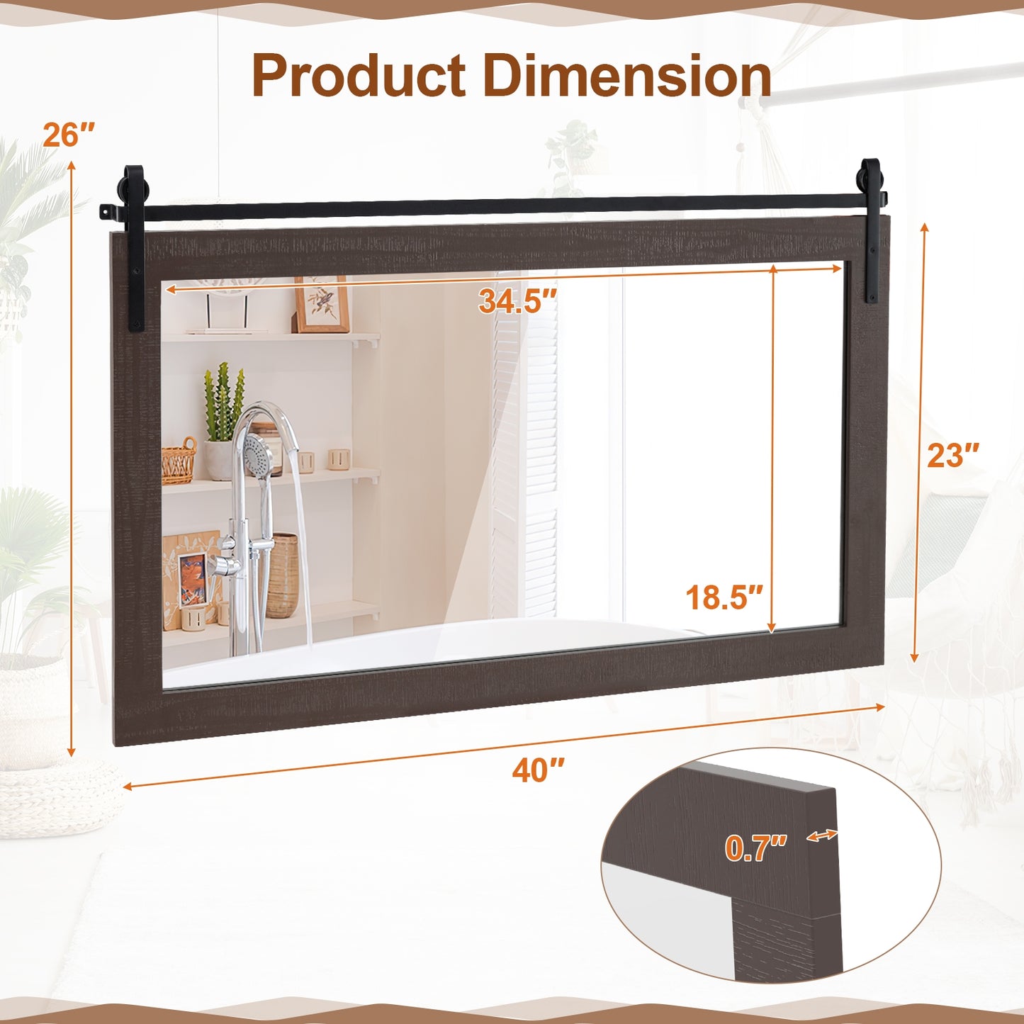 40 x 26 Inch Farmhouse Barn Door Style Wall Mirror with Solid Wood Frame and Metal Bracket - Walnut