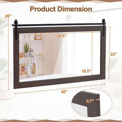 40 x 26 Inch Farmhouse Barn Door Style Wall Mirror with Solid Wood Frame and Metal Bracket - Walnut