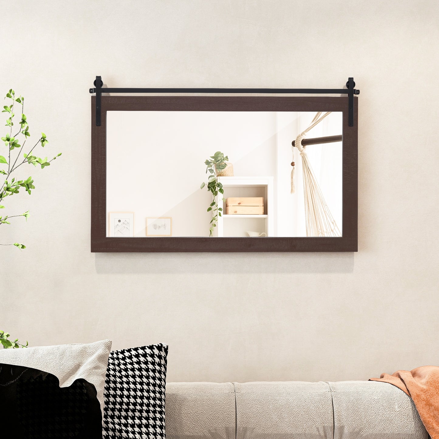 40 x 26 Inch Farmhouse Barn Door Style Wall Mirror with Solid Wood Frame and Metal Bracket - Walnut