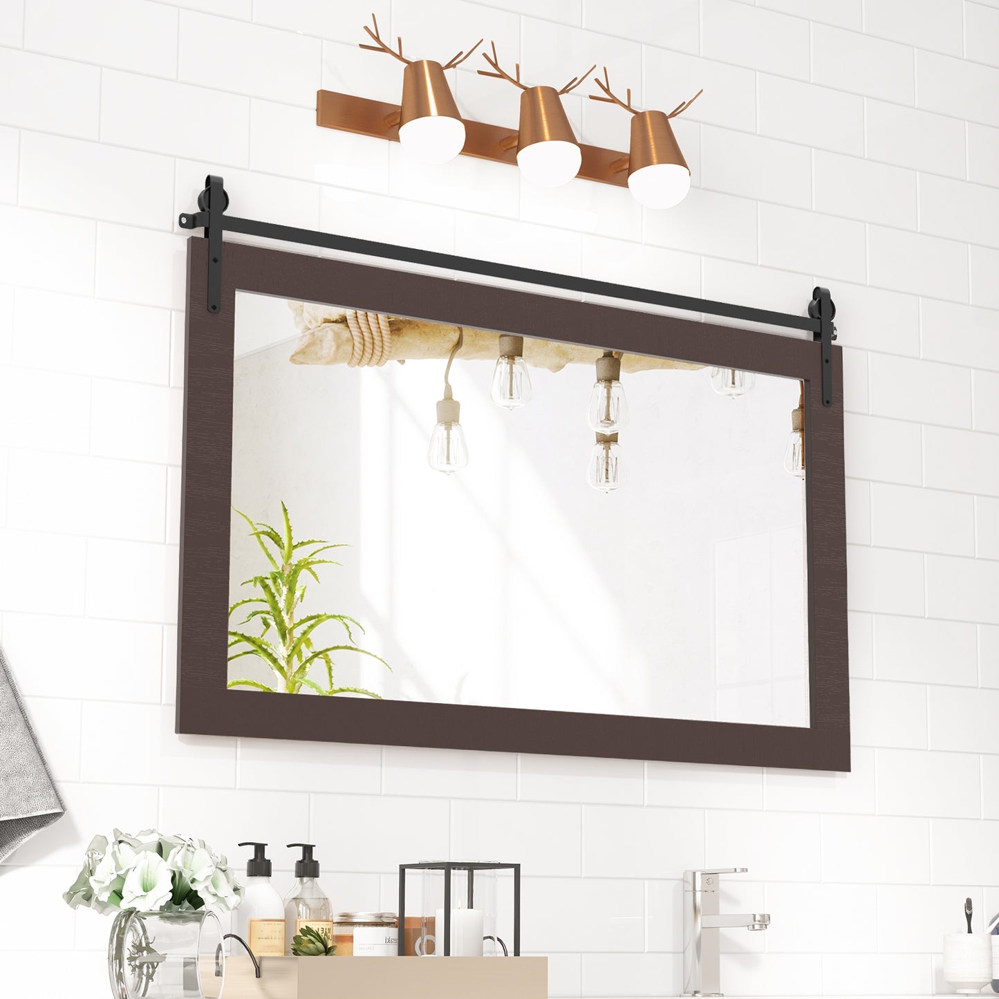 40 x 26 Inch Farmhouse Barn Door Style Wall Mirror with Solid Wood Frame and Metal Bracket - Walnut