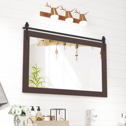 40 x 26 Inch Farmhouse Barn Door Style Wall Mirror with Solid Wood Frame and Metal Bracket - Walnut
