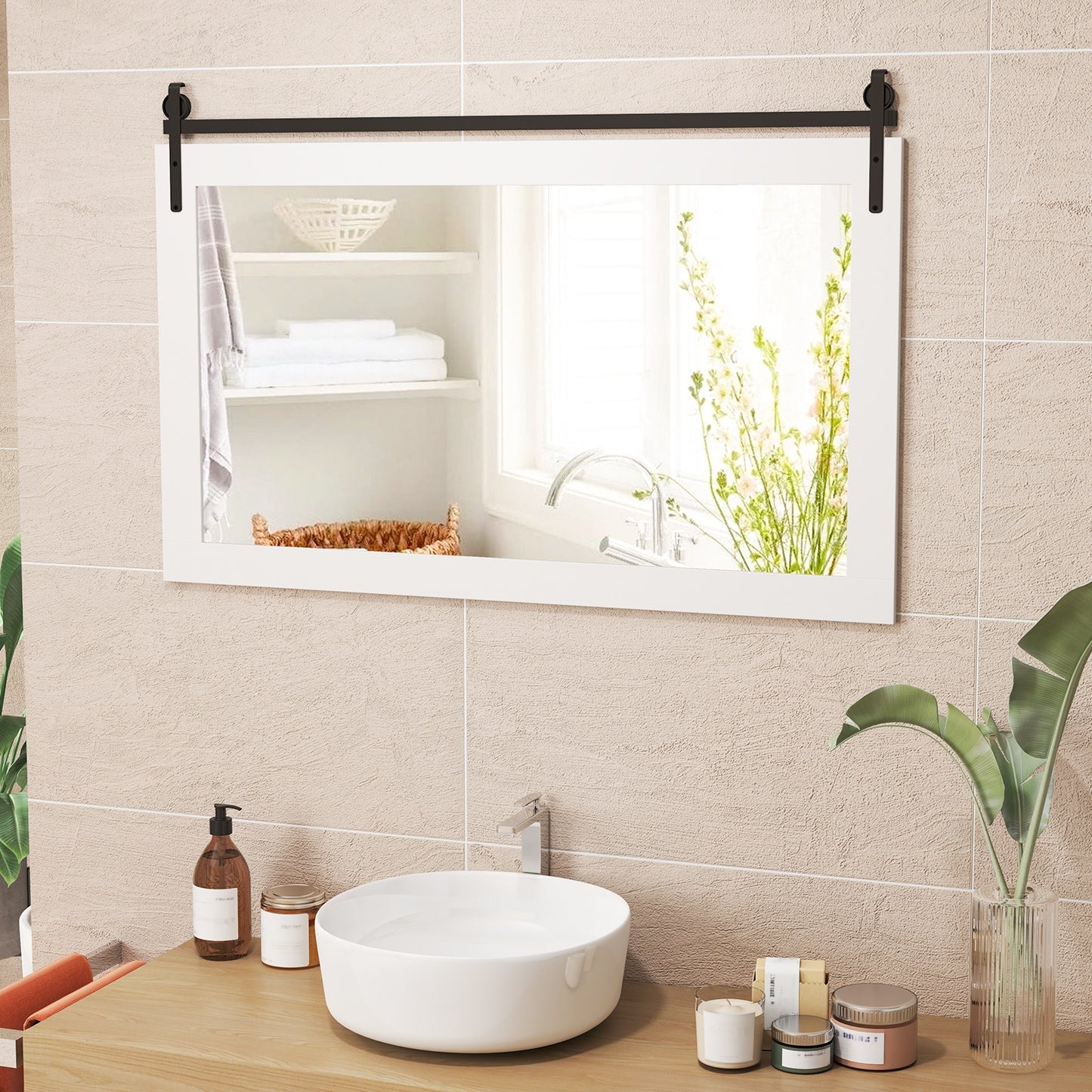40 x 26 Inch Farmhouse Barn Door Style Wall Mirror with Solid Wood Frame and Metal Bracket - White