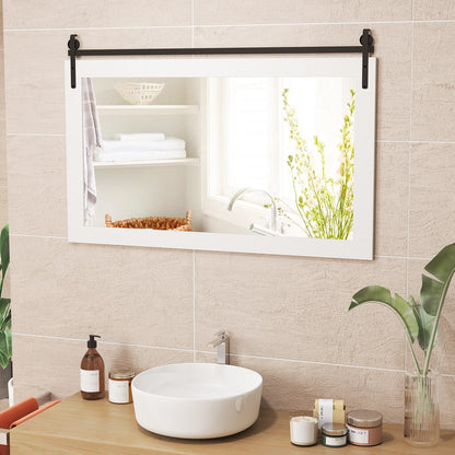 40 x 26 Inch Farmhouse Barn Door Style Wall Mirror with Solid Wood Frame and Metal Bracket - White