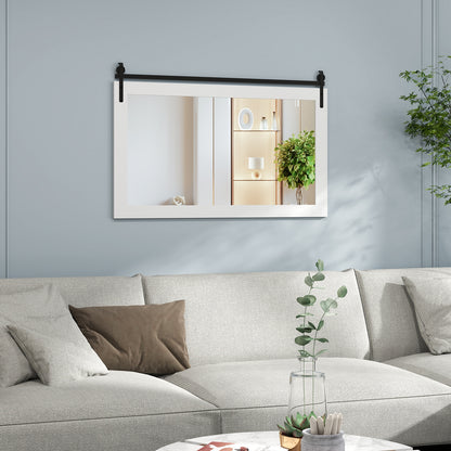 40 x 26 Inch Farmhouse Barn Door Style Wall Mirror with Solid Wood Frame and Metal Bracket - White