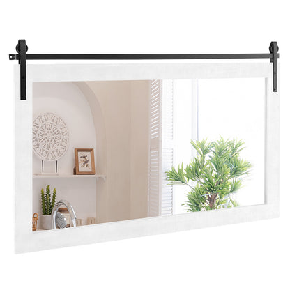 40 x 26 Inch Farmhouse Barn Door Style Wall Mirror with Solid Wood Frame and Metal Bracket - White
