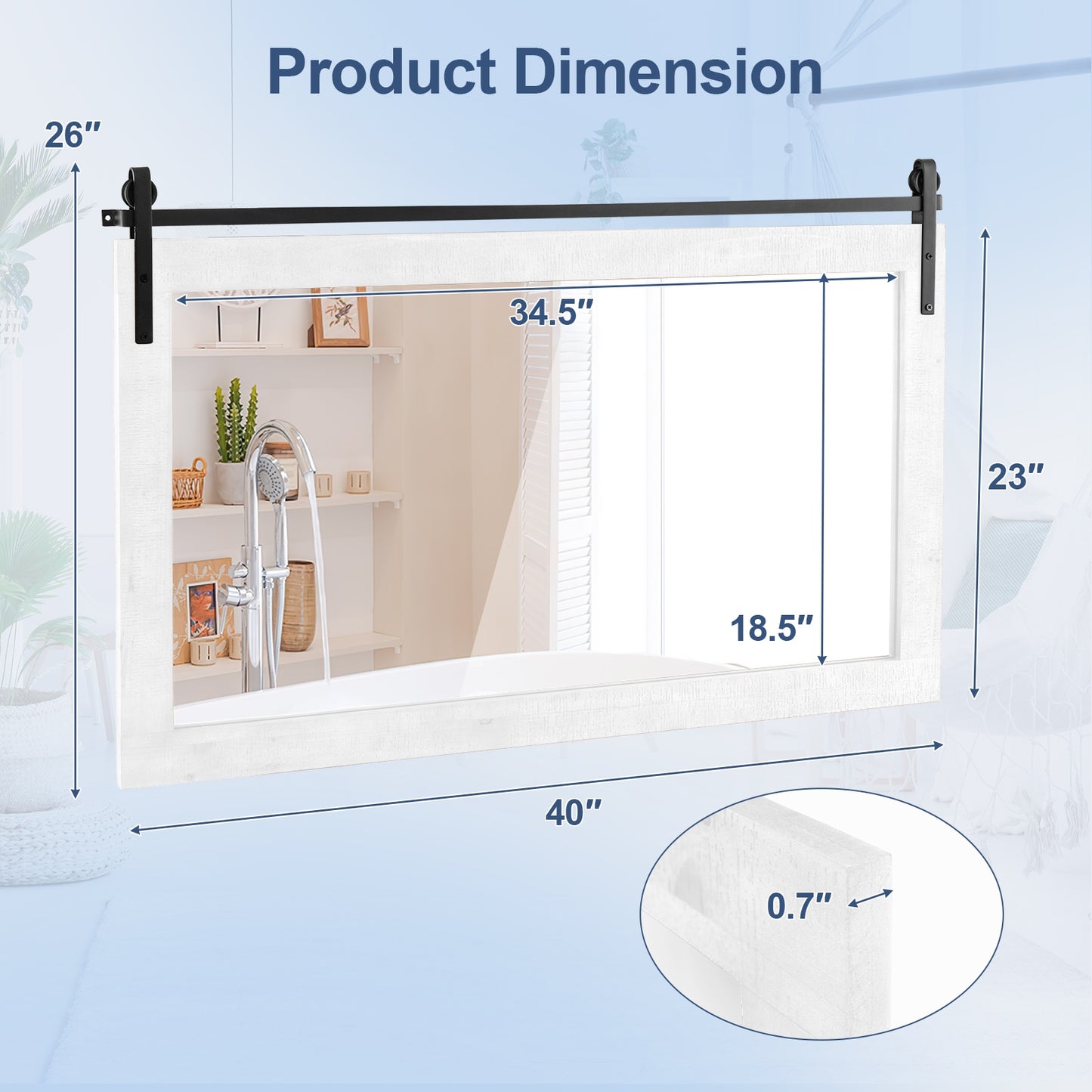 40 x 26 Inch Farmhouse Barn Door Style Wall Mirror with Solid Wood Frame and Metal Bracket - White