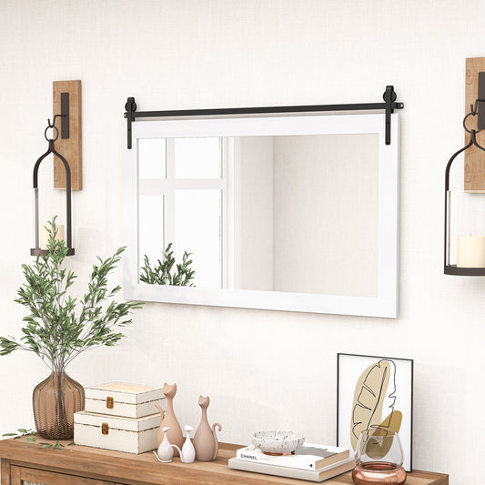 40 x 26 Inch Farmhouse Barn Door Style Wall Mirror with Solid Wood Frame and Metal Bracket - White