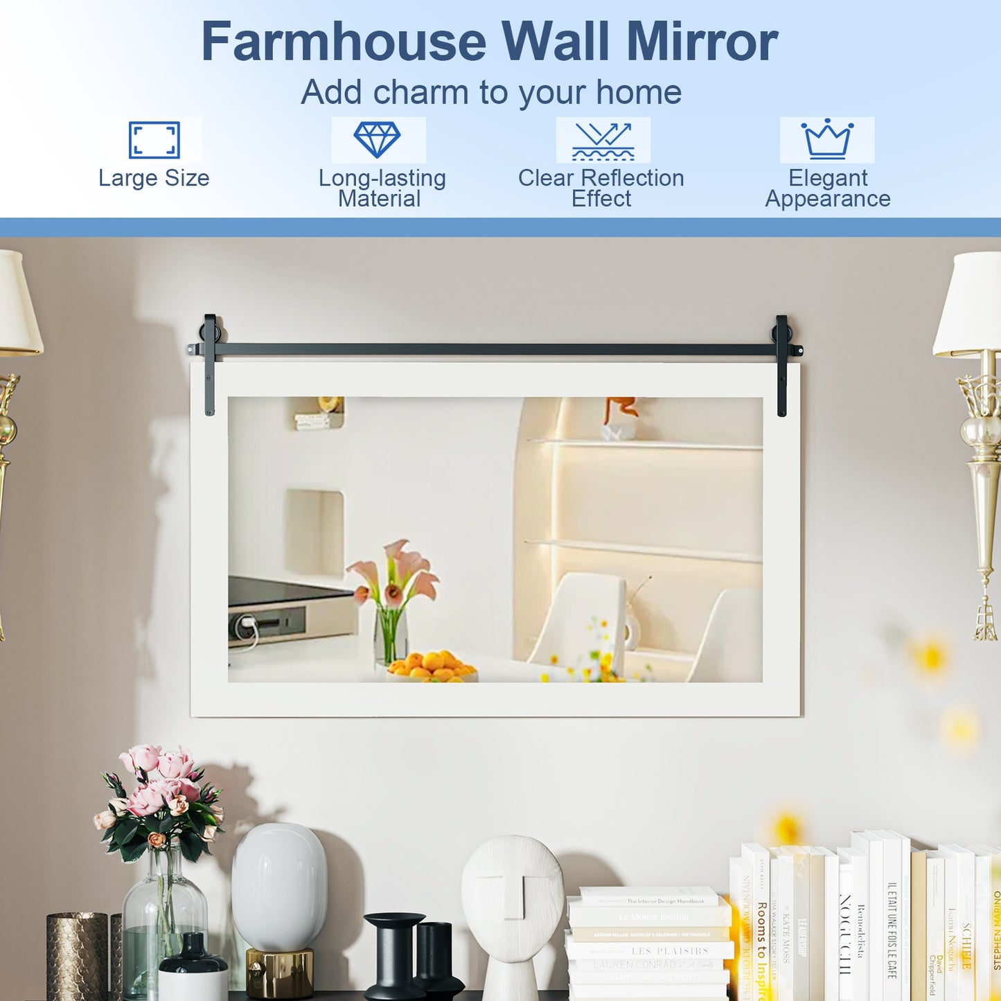 40 x 26 Inch Farmhouse Barn Door Style Wall Mirror with Solid Wood Frame and Metal Bracket - White