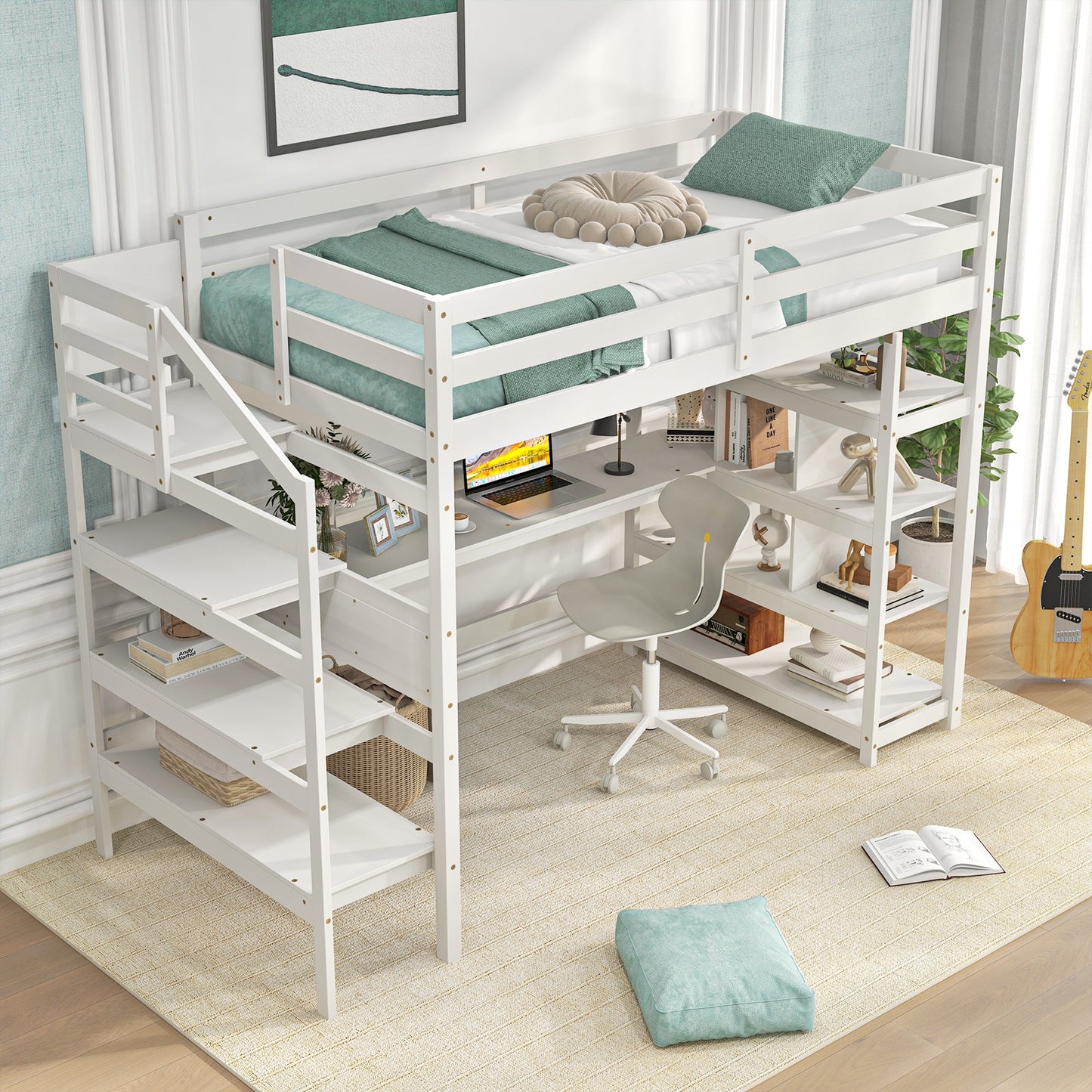 Multifunctional Twin Loft Bed with Desk, Storage Stairs, Shelves, and Safety Guardrails