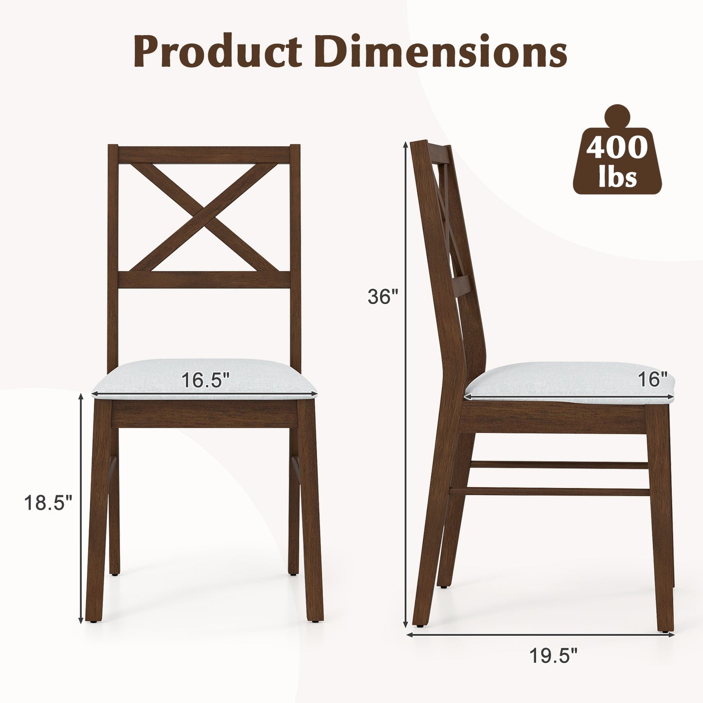 Set of 2 Upholstered Dining Chairs with Rubber Wood Frame in Brown