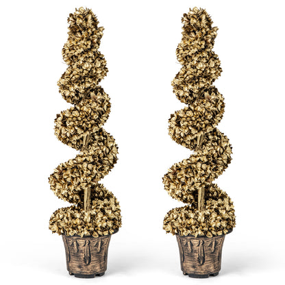 Set of 2 4ft Artificial Spiral Topiary Trees with Vintage Cement Base Pots